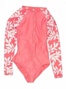Women’s Coral Pink Long-Sleeve One-Piece Swimsuit with Leaf Print